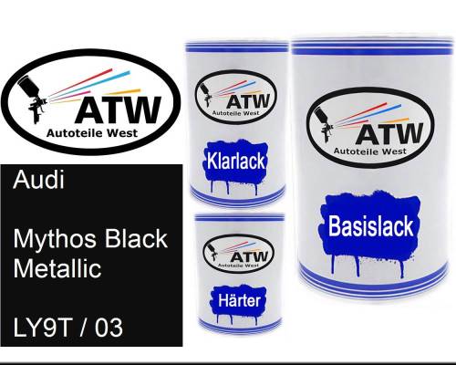 Audi, Mythos Black Metallic, LY9T / 03: 500ml Lackdose + 500ml Klarlack + 250ml Härter - Set, von ATW Autoteile West.